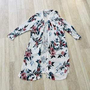 J Jill Linen Blend Open Knit Floral Long Duster Cardigan Sweater Boho Size Large